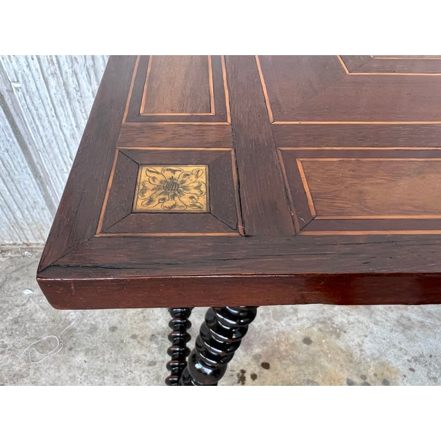 19th Century Baroque Spanish Side Table With Marquetry Top and Iron Stretcher For Sale - Image 9 of 13