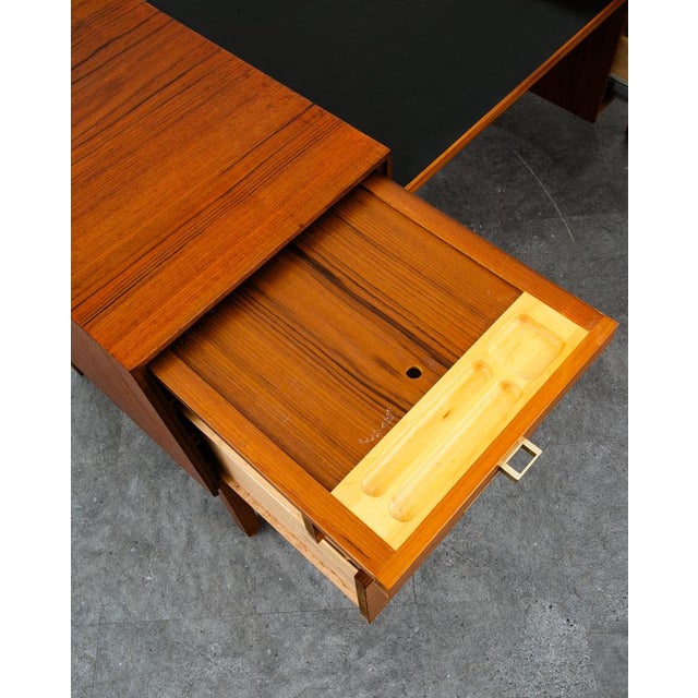 Brown Mid Century Danish Modern Executive Desk Black Top Brass 5 Drawer File Denmark For Sale - Image 8 of 12