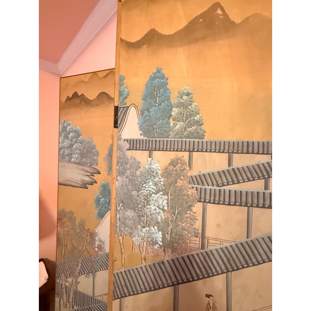 Green Antique Six Panel Watercolor Floor Screen For Sale - Image 8 of 15