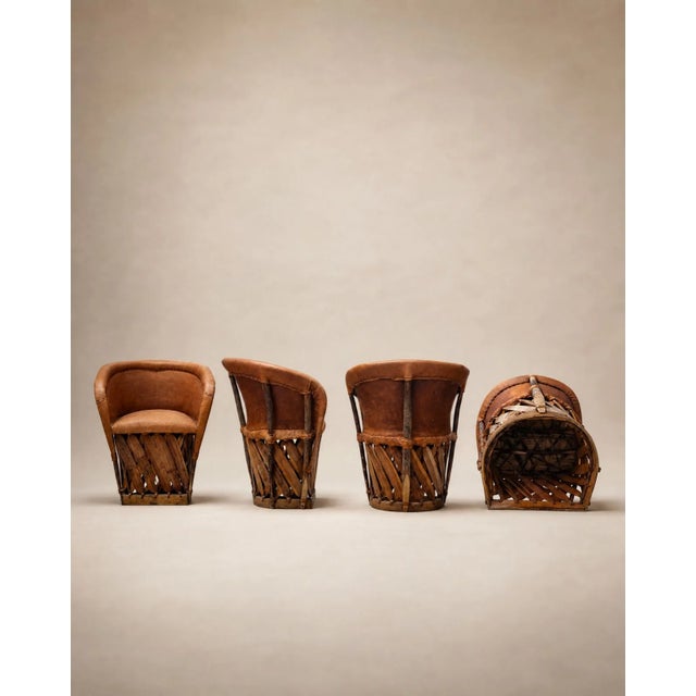 Vintage handcrafted Equipale dining set featuring a round genuine leather table with four matching genuine leather...