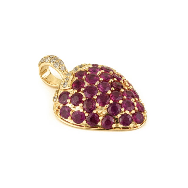 Whimsical Ruby Strawberry Pendant 2.55ct in 14k Yellow Gold With Pave Diamonds For Sale - Image 4 of 16
