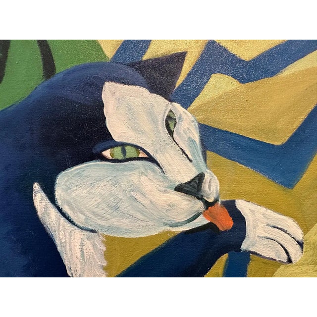 Contemporary Marc Zimmerman "Siesta" Oil Painting, Orange Cat at Rest, Tropical Interior, Navy Gold Zigzag Pattern, Contemporary Art West Coast For Sale - Image 3 of 6