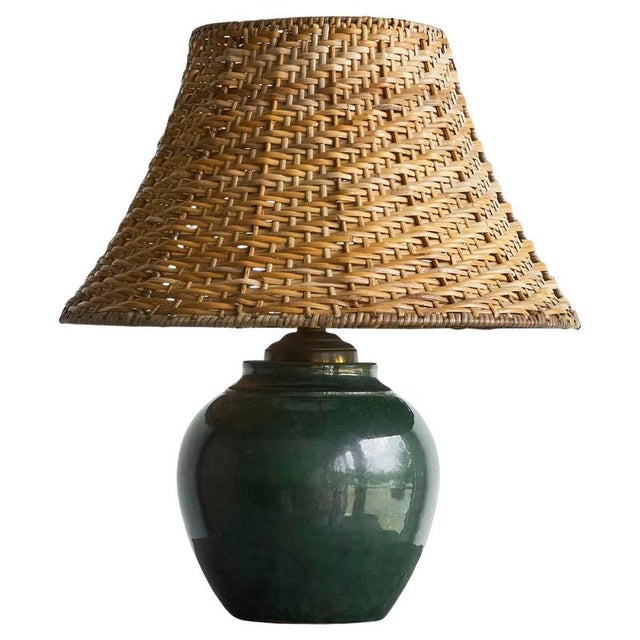 Wood Green Luster Glazed Studio Pottery Table Lamp with Rattan Shade, 1970s For Sale - Image 7 of 7