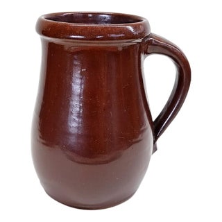 Antique American Redware Pitcher – Deep Iron-Brown “Albany-Type” Glaze, C. Late 19th Century For Sale