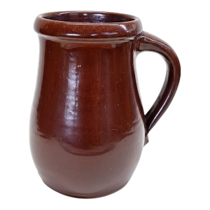 Antique American Redware Pitcher – Deep Iron-Brown “Albany-Type” Glaze, C. Late 19th Century