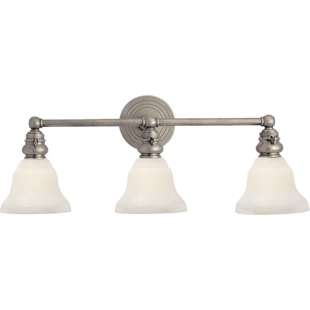 Transitional Chapman & Myers for Visual Comfort Signature Boston Functional Triple Light in Antique Nickel with White Glass For Sale - Image 3 of 4