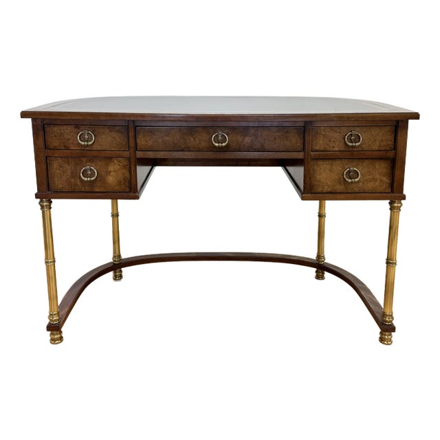 Vintage Sligh-Lowry Burl Wood Leather Top Demilune Desk W/ Brass Legs For Sale