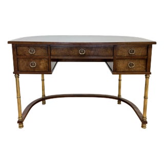 Vintage Sligh-Lowry Burled Wood Leather Top Demilune Desk W/ Brass Legs For Sale