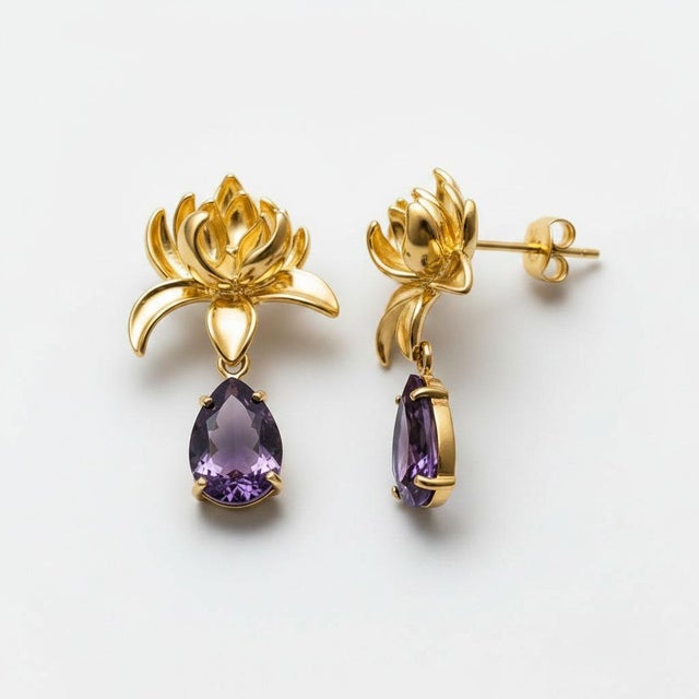 Modern Lotus Amethyst Drop Earrings, Pair For Sale - Image 3 of 7