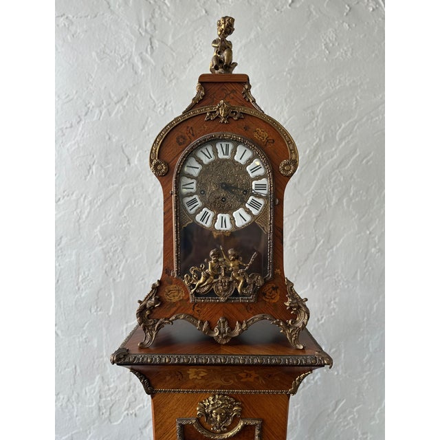 Wood Antique Italian Louis XV Style Marquetry & Bronze Pedestal Clock - C. 1920 (2-Piece Set) For Sale - Image 7 of 15