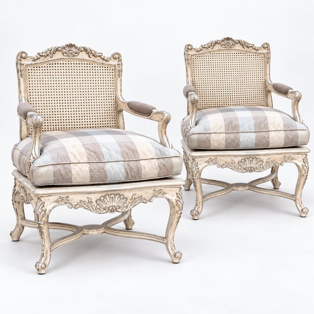 French Louis XV Style Carved Shell & Painted Caned Bergere Chairs -Pair For Sale - Image 10 of 11