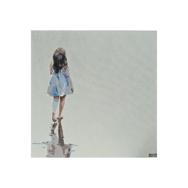 This artwork elegantly captures a solitary moment, where a young girl in a blue dress is depicted from behind, creating a...