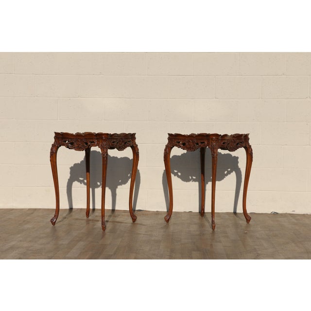 Pair of Louis XV Style Marquetry Side Tables/End Tables | French Rococo Revival Carved Wood For Sale - Image 4 of 18