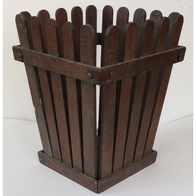 Brown Arts & Crafts Mission Style Wood Slat Wastebasket For Sale - Image 8 of 8