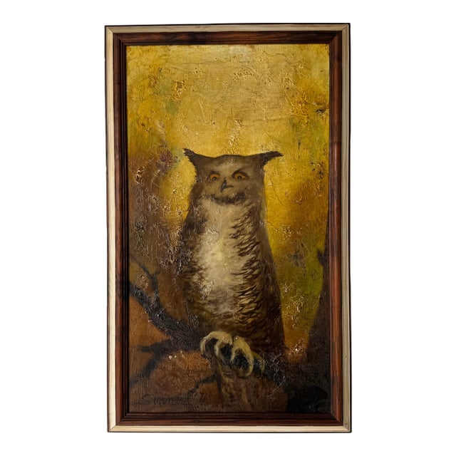 1970's Vintage Elaine Sinnard (American, 1926–2012) “Owl on Tree” Still Life Oil on Canvas Painting – Framed For Sale