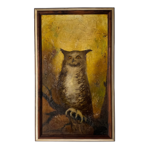 1970's Vintage Elaine Sinnard (American, 1926–2012) “Owl on Tree” Still Life Oil on Canvas Painting – Framed