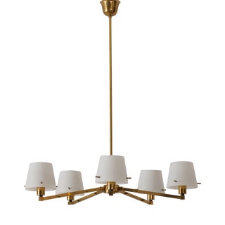 Vintage Italian Brass and Opaline Glass Chandelier, 1950s For Sale