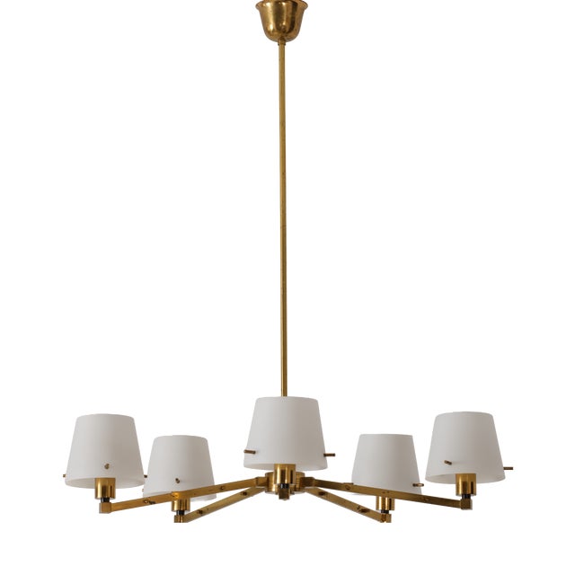 Vintage Italian Brass and Opaline Glass Chandelier, 1950s For Sale
