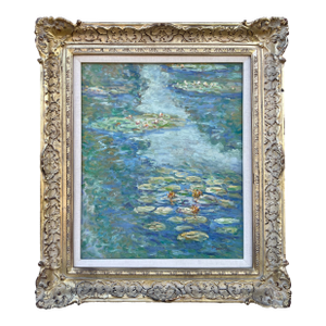 1980s Signed Oil Painting, Style of Monet's Water Lilies With Gold Ornate Frame