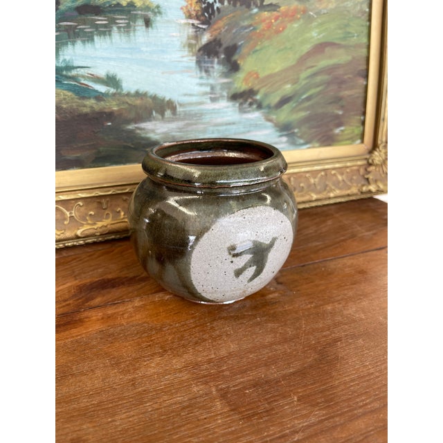 Japanese Vintage Studio Pottery Jar With Glazed Bird Silhouette and Earthy Green Finish For Sale - Image 3 of 9