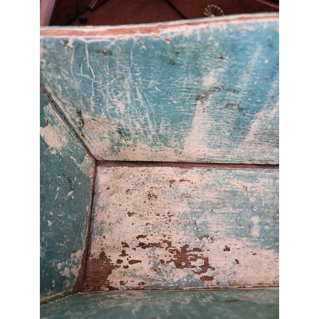 Charming primitive antique cutlery caddy with cut out handle and worn blue painted finish.