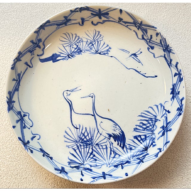 Early 20th Century Vintage/Antique Blue and White Chinese Dishes With Cranes - a Pair For Sale - Image 5 of 11