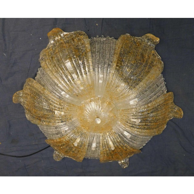 Vintage golden colored Italian Murano glass flush mount with clear and amber graniglia leaves / Made in Italy in the style...