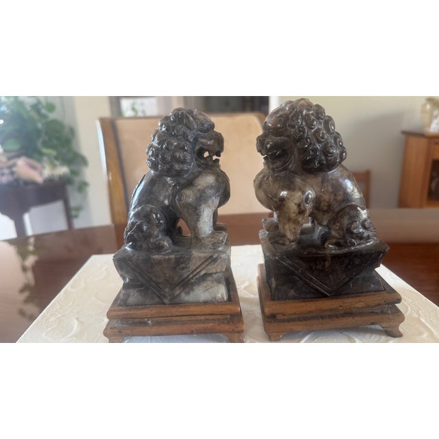 Gray Vintage Foo Dogs Gray Marble Chinese Temple Lions 6” Tall For Sale - Image 8 of 14