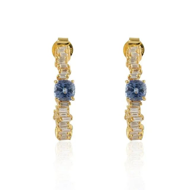 VR Jewels 1.35ct Sapphire 14k Gold Inside-Out Hoop Earrings With 66pcs Baguette Diamonds- A Pair For Sale - Image 4 of 12