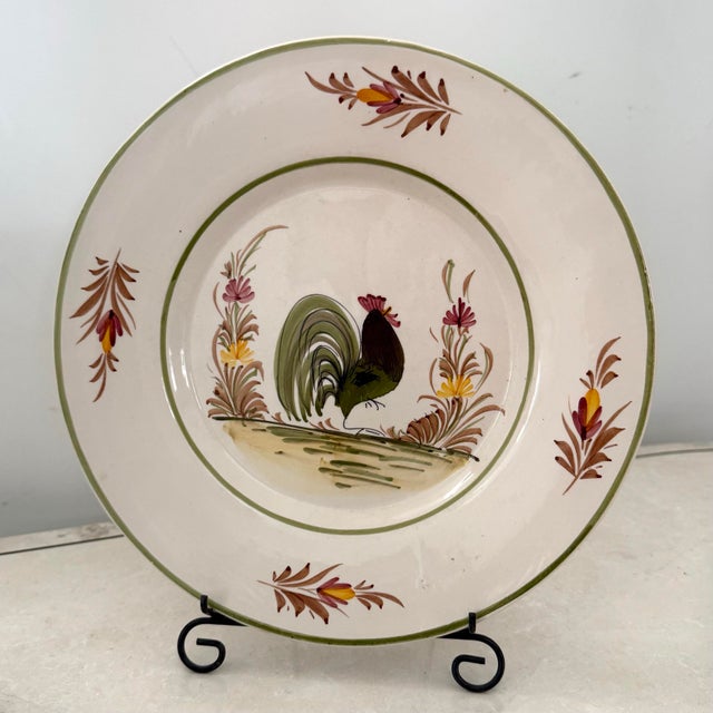 Late 20th century French Country rooster plate, in pretty shades of green, brown, and pink. Most items found at Pub &...