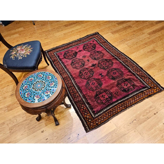 Burgundy Vintage Afghan Bokhara Area Rug, Hand-Knotted Wool, Allover Geometric Pattern, Plum & Burgundy, 4x5 For Sale - Image 8 of 17