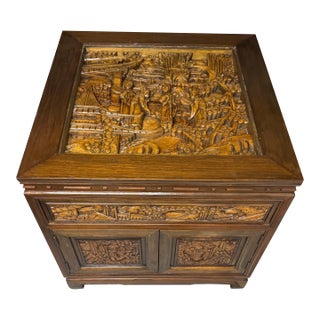 Mid-Century Southeast Asian Hand-Carved Teakwood Side Table Cabinet For Sale