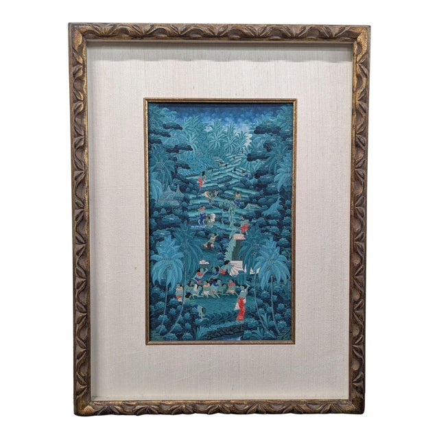 Vintage Balinese Style Tropical Landscape Painting, Framed For Sale