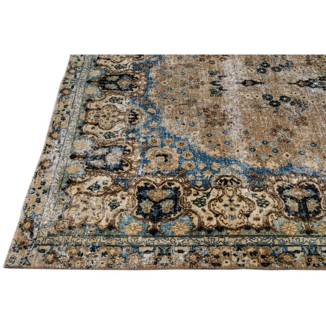 Vintage Distressed Medallion Brown Wool Rug For Sale - Image 4 of 8