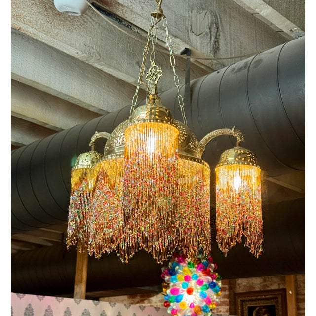 Brass Vintage Brass Chandelier With Colorful Glass Beads For Sale - Image 8 of 12