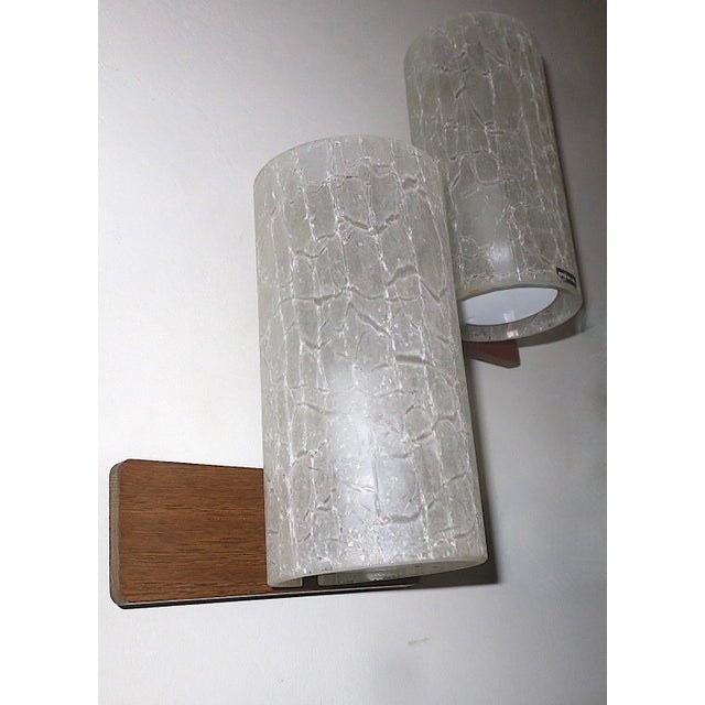 Mid-Century Modern Frosted Crackled Glass and Teak Wall Lights from Doria, 1960s, Set of 2 For Sale - Image 3 of 8