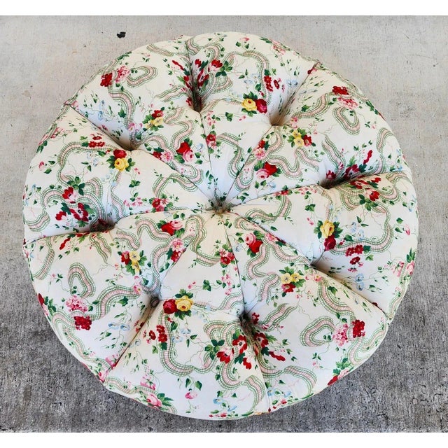 Shabby Chic Floral Roses Ottoman Tufted Round For Sale - Image 3 of 14