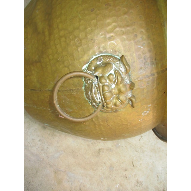 Metal Vintage Large Hammered Brass With Foo Dog Handles Planter, A Pair For Sale - Image 7 of 10