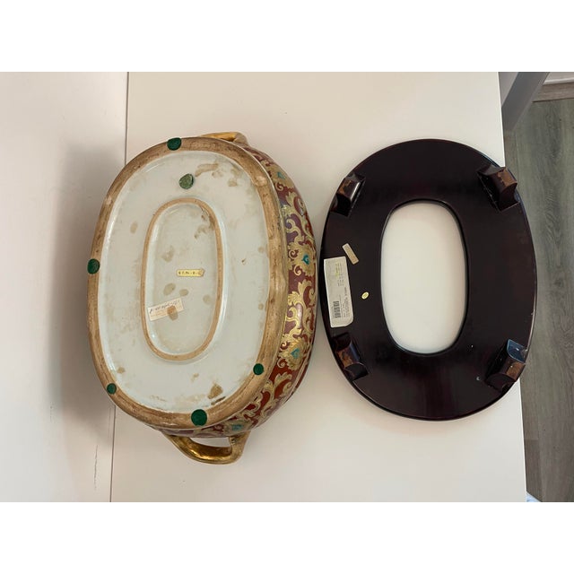 Wood Vintage Chinoiserie Gilt & Iron-Red Oval Porcelain Fishbowl Planter on Original Wood Stand For Sale - Image 7 of 9