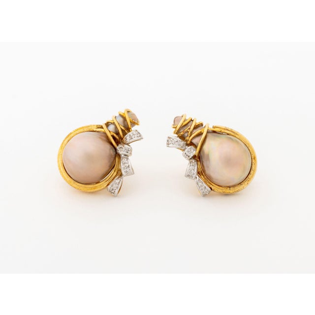 Two-Tone Gold, Diamond, and Pearl Earrings For Sale - Image 4 of 7
