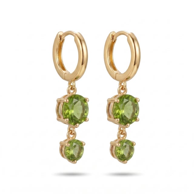 Peridot Graduated Double Drop 18k Gold Plated Huggies, August Birthstone Earrings - A Pair For Sale - Image 4 of 6