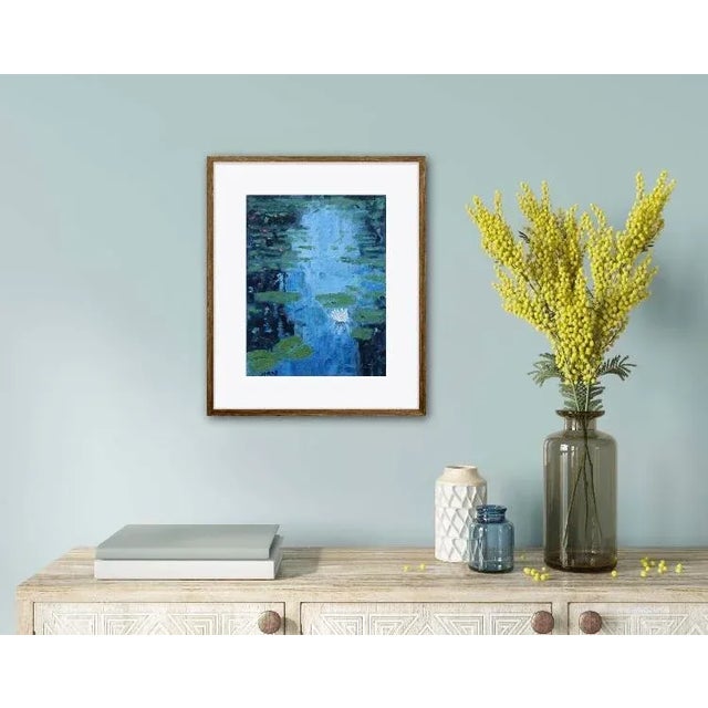 Blue "Water Lily Flower" Contemporary Impressionist Style Oil Painting For Sale - Image 8 of 12
