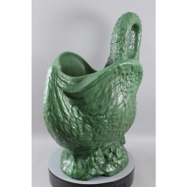 Weller Pottery Rare Huge Signed Exhibition Weller Pottery Green Matte Swan Planter Jardiniere For Sale - Image 4 of 11