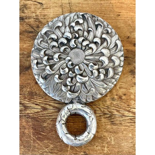 Vintage Meiji Period Sterling Silver Flower Hand Mirror For Sale - Image 9 of 12