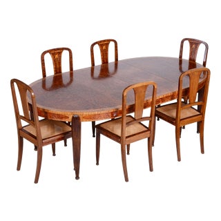 Art Deco Mahogany and Walnut Dining Table and Chairs attributed to Paul Follot, France, 1920s, Set of 7 For Sale