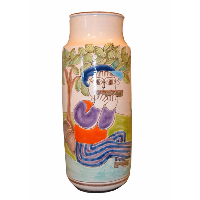 Desimone Hand Painted Tall Art Pottery Flute Player Flower Vase, Italy For Sale - Image 10 of 12