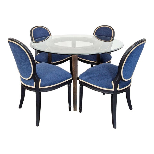 Elegant 5-Piece Dining Set With Glass Table and Blue Upholstered Chairs For Sale