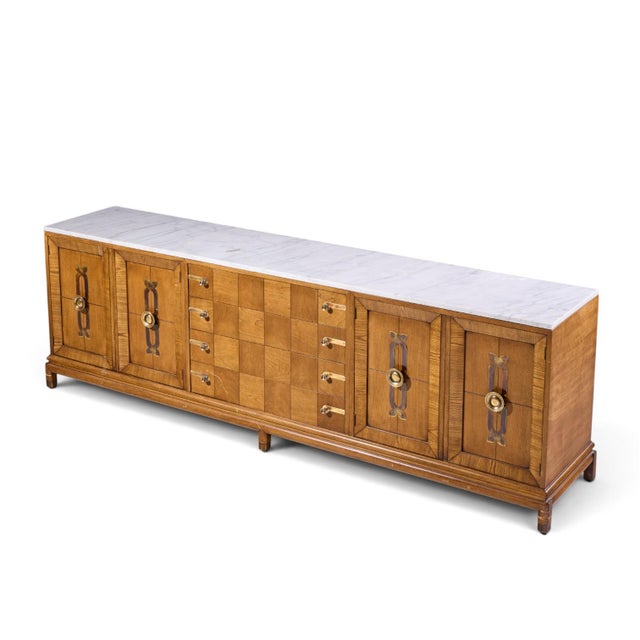 Renzo Rutili for Johnson Furniture Mid Century Walnut, Brass and Marble Credenza For Sale - Image 9 of 10