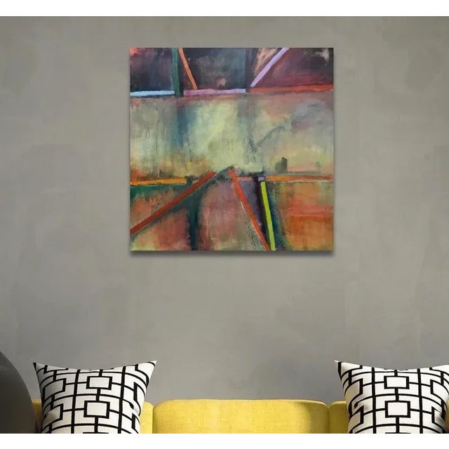 This was painted on a stretched canvas frame. Using acrylic paint, this painting catches many colors, mostly soft colors...