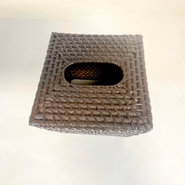 Vintage Coastal Boho Chic Brown-Stained Wicker Tissue Box Cover. For Sale - Image 4 of 8